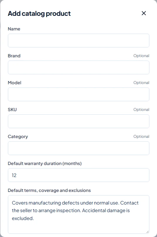 Warly Add catalog product form with name, brand, model, SKU, duration, and terms fields