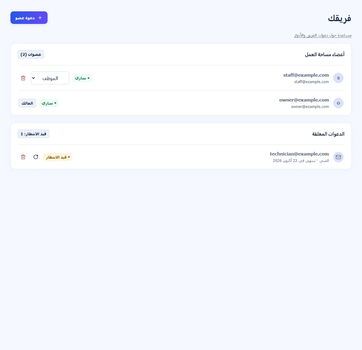 صفحة الفريق تعرض أدوات الأدوار وعضوًا نشطًا ودعوة معلّقة مع أدوات إعادة الإرسال والإلغاء.