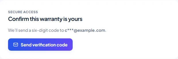 Claim Center email verification step with a masked email address and Send verification code button.