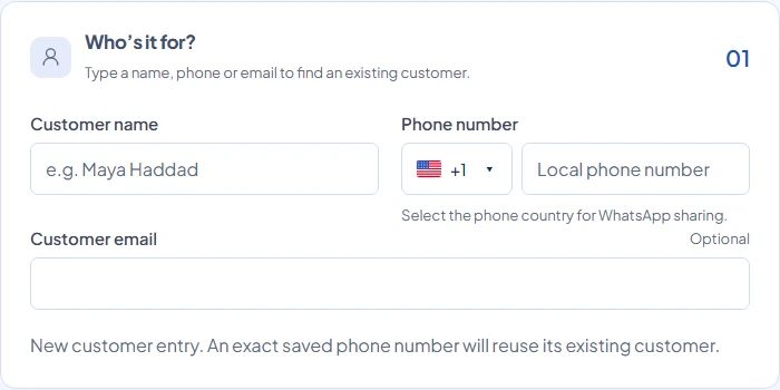 Warly create warranty form showing customer name, phone number, and optional email fields