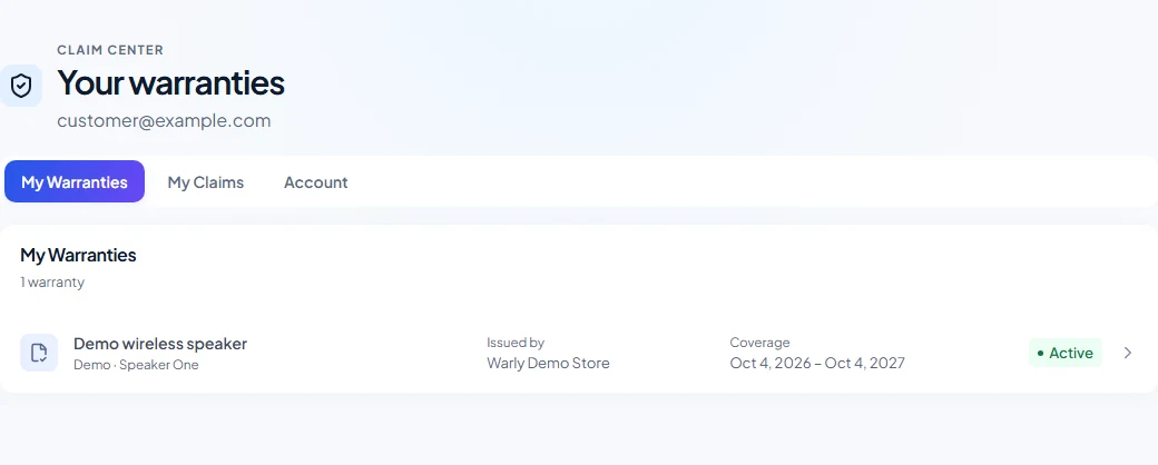 Customer Portal with My Warranties, My Claims and Account tabs and a linked demo warranty.