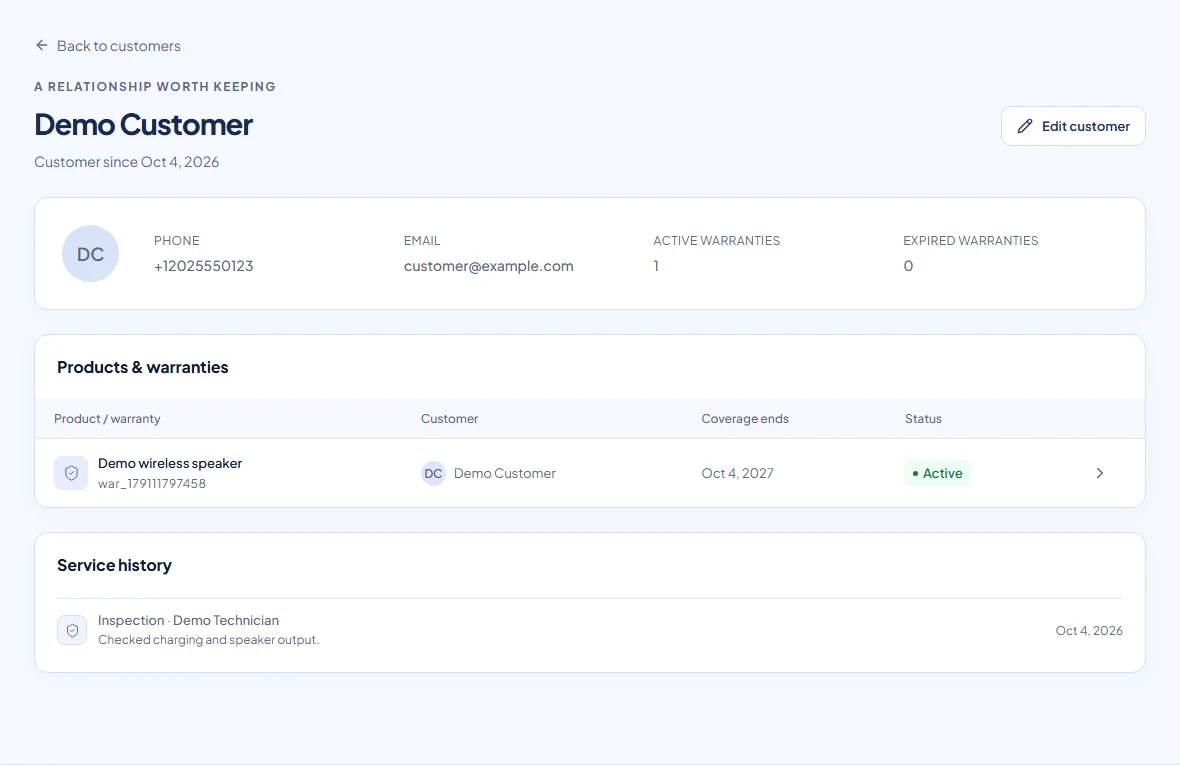 Demo customer profile showing linked warranties and service history.