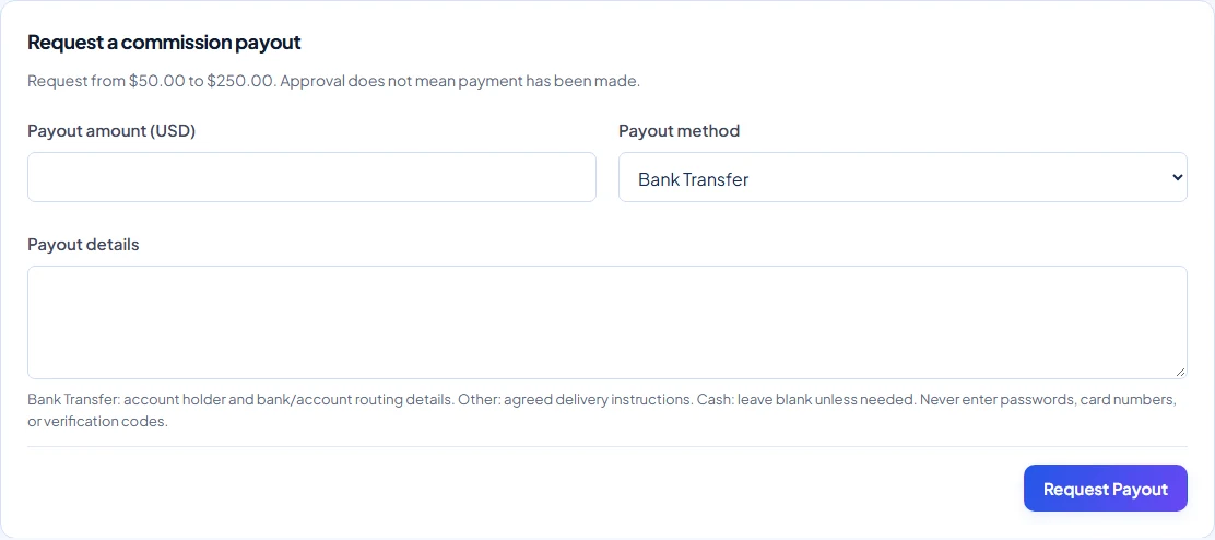 Example payout form showing a dynamically configured minimum, available balance, amount, method and payout details.