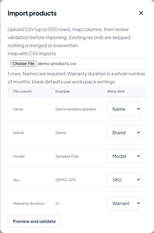Warly product CSV import dialog showing file columns mapped to product fields