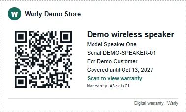 Warly-generated printable QR warranty label for the Demo Store's Demo wireless speaker.