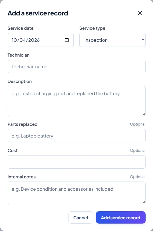 Add a service record form with service date, type, technician, description, parts, cost and notes.