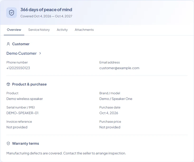 Warranty overview with customer, coverage dates, product details and tabs for service history, activity and attachments.