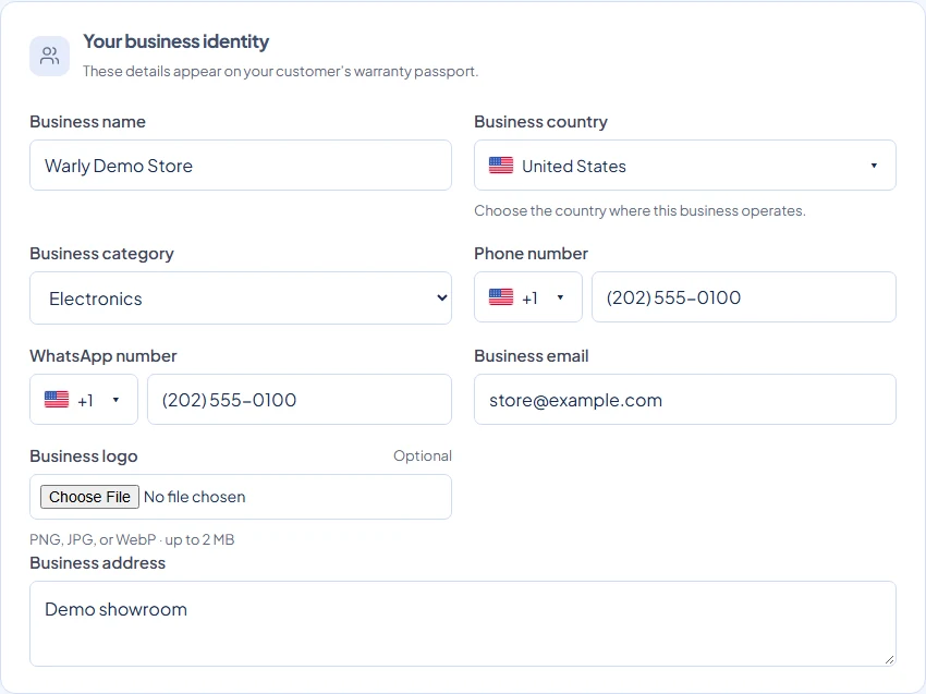 Business settings for name, country, category, contact details, logo and address.